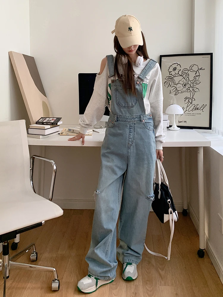 

Broken Hole Vintage Blue Overalls Jeans Women Spring Autumn Simple Street Style Design High Waist Denim Wide Leg Jumpsuit Female