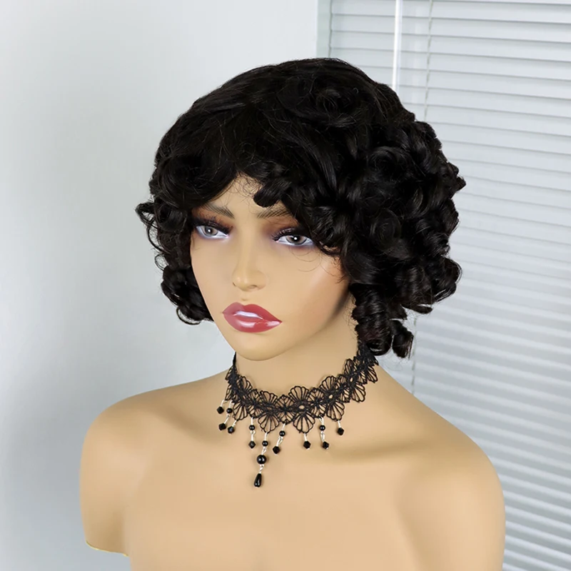 Short Hair Afro Curly Kinky Curly Bob Human Hair Wigs With Bangs For Black Women Fluffy Glueless Remy Human Hair Wigs Brazilian