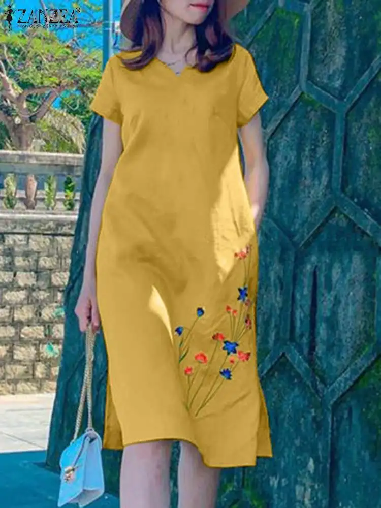 

Платье ZANZEA женское с цветочной вышивкой, хлопковый Повседневный свободный сарафан с V-образным вырезом и коротким рукавом, элегантное винтажное, на лето