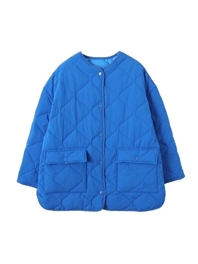 Rhine Blue Lattice Quilted Plaid Short Sustans Parka Women's 2022 New Fall Winter Single Breasted Loose Warm Coat Jacket