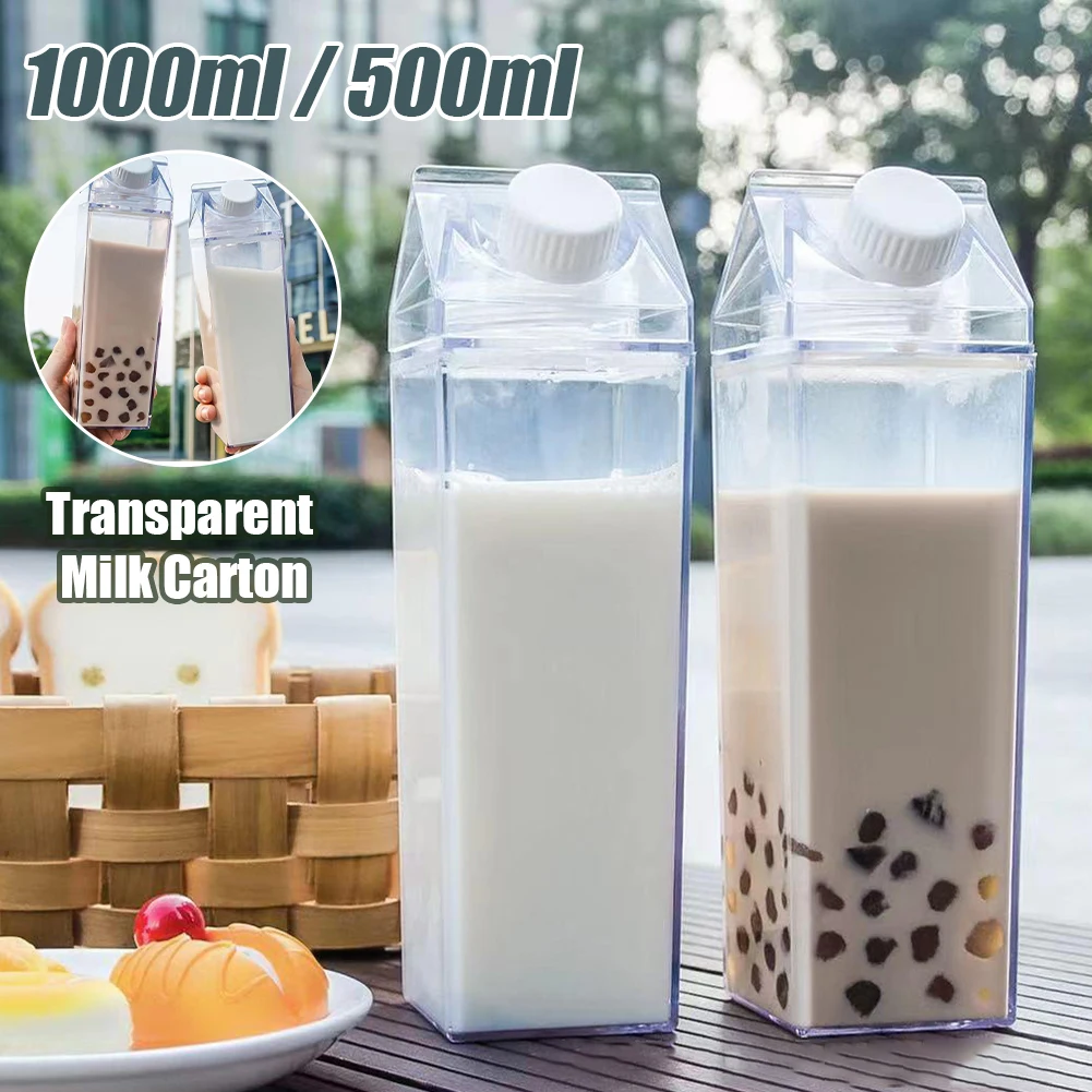 

500ml/1000ml Plastic Milk Carton Water Bottle Square Milk Bottle Reusable Portable Water Cup Leakproof for Outdoor Camping Gym