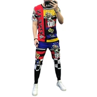 summer mens suit ice silk material astronaut pattern t shirt tie trousers casual 2 piece trendy sportswear men clothing set