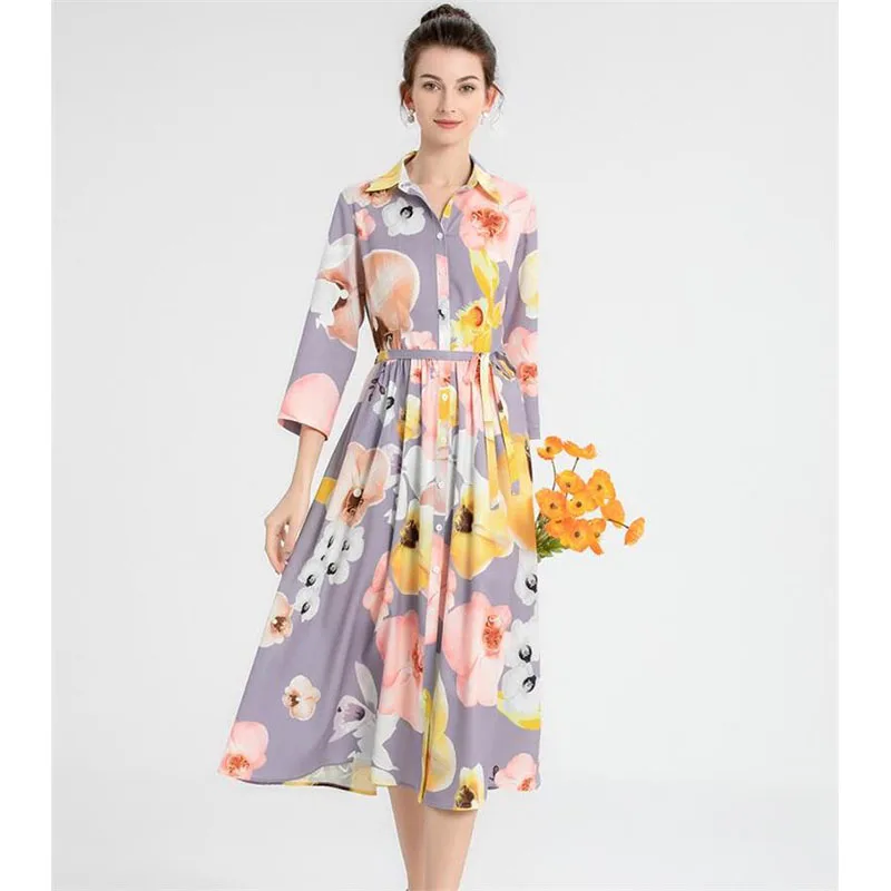 Women Dress High Quality 2022 Runway Turn Down Collar Floral Print Casual Shirt Dresses Vestidos NP1808N