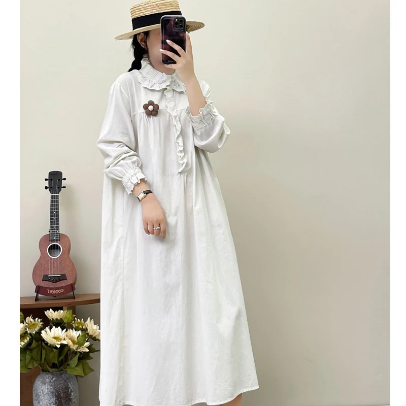 Платье хлопковое с длинным рукавом для женщин платье круглым воротником и