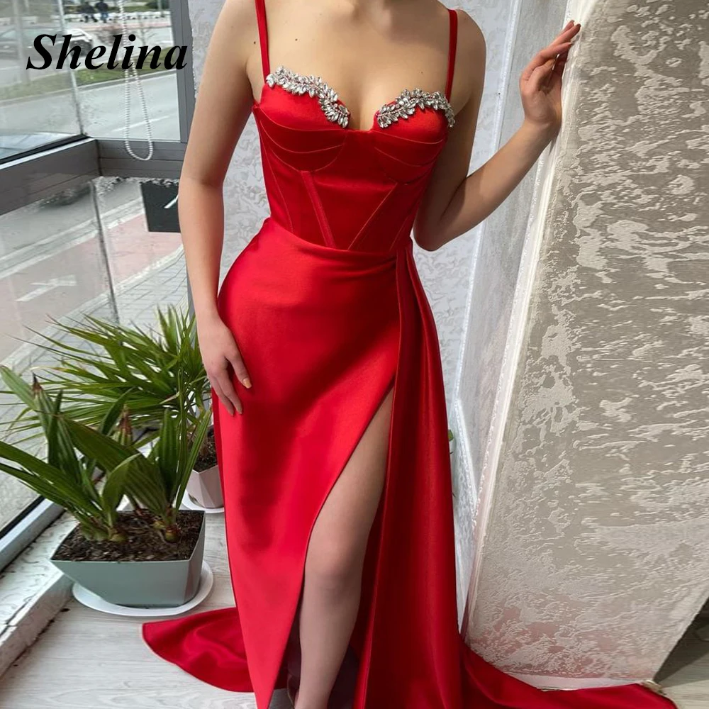 

Shelina Fairytale Split Evening Dress Pleat Sweetheart Crystal Sweep Train Trumpet Backless Robes De Soirée Customized 2024