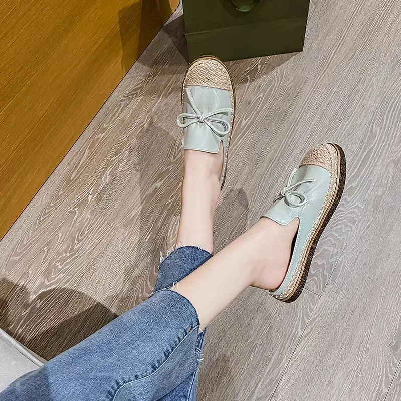 Summer New Grass Woven Women's Half Slippers Fisherman Muller Shoes Rubber Sole Breathable and Comfortable Large