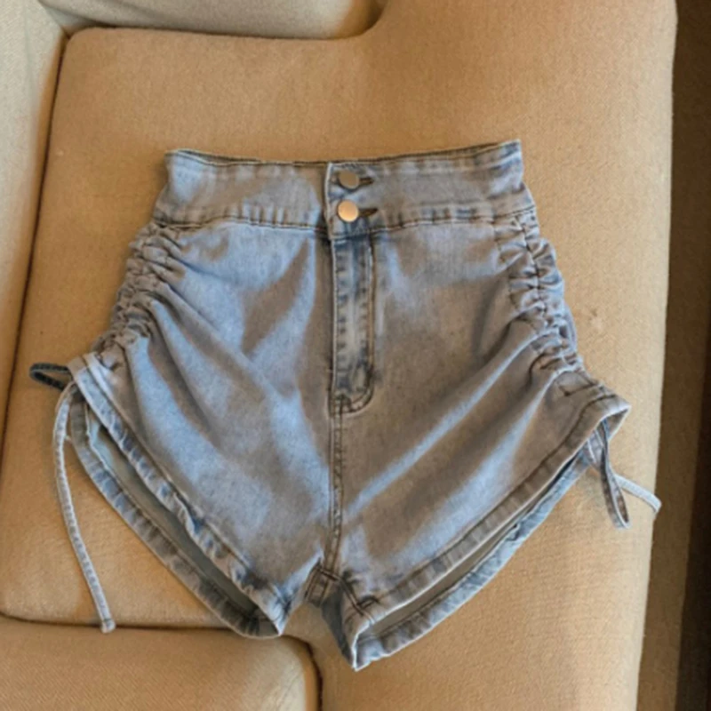 

Denim Shorts Women Retro Streetwear Trendy Femme Popular Shirring Comfortable Leisure All-match New High Waist Design Chic