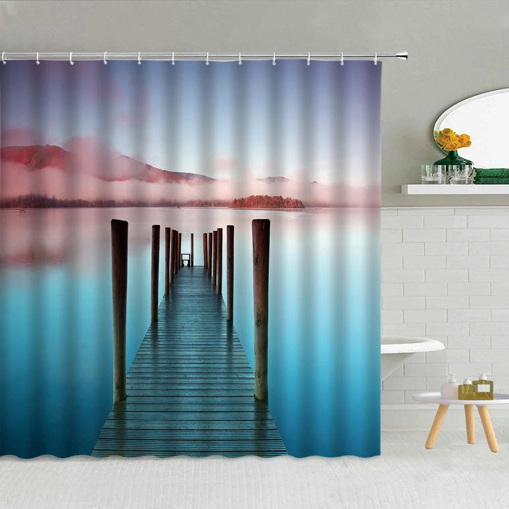 

Beach Scenery Print Shower Curtain Blue Dusk Shell Waterproof Bathroom Bathtub Decor Polyester Cloth Curtains Set With Hooks