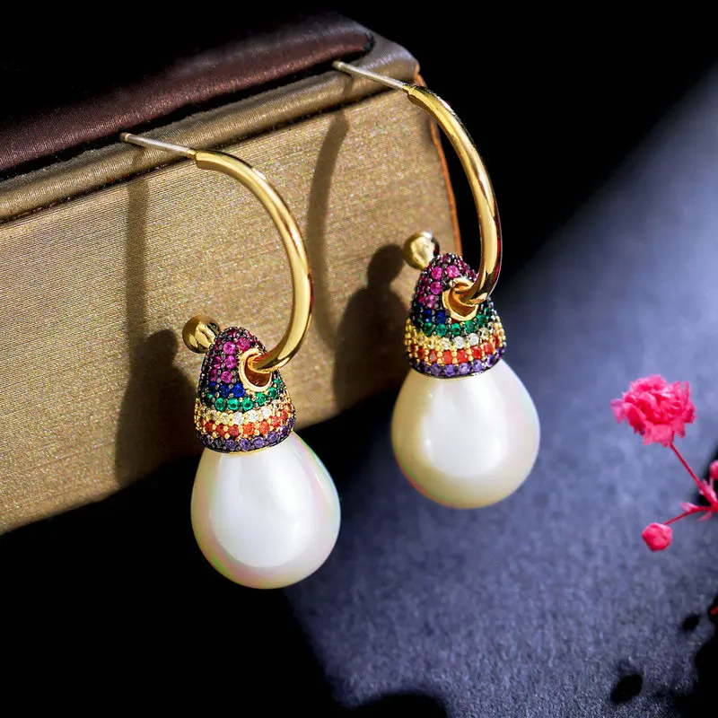 Модные серьги-подвески SINZRY с радужным кубическим цирконием и жемчугом из стерлингового серебра 925 пробы
