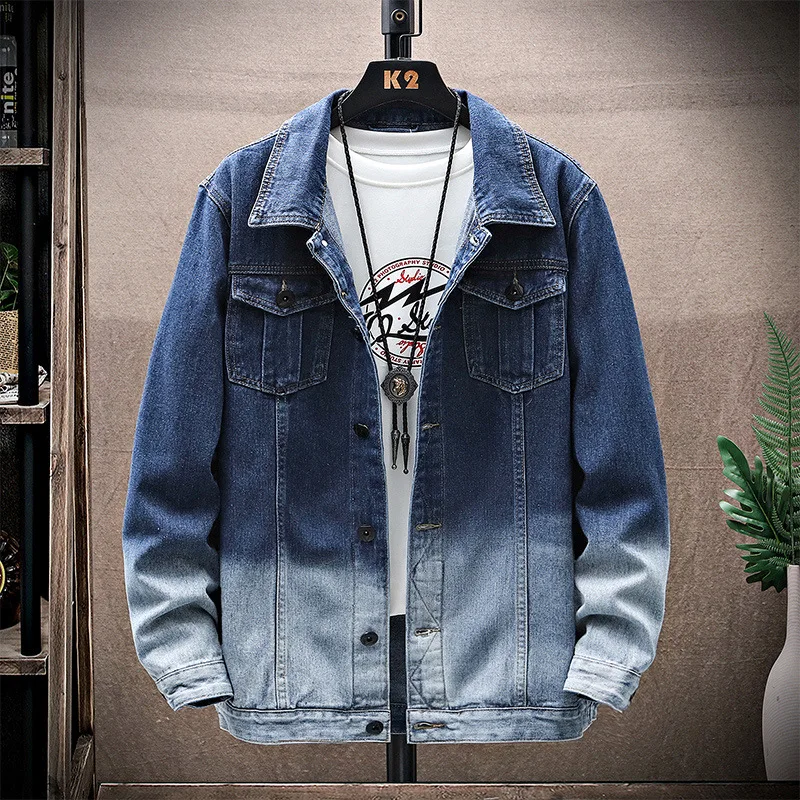 

Men's Coat Spring and Autumn2022New Gradient Denim Coat Fat plus-Sized plus Size Lapel Fashion Brand Spring Clothing