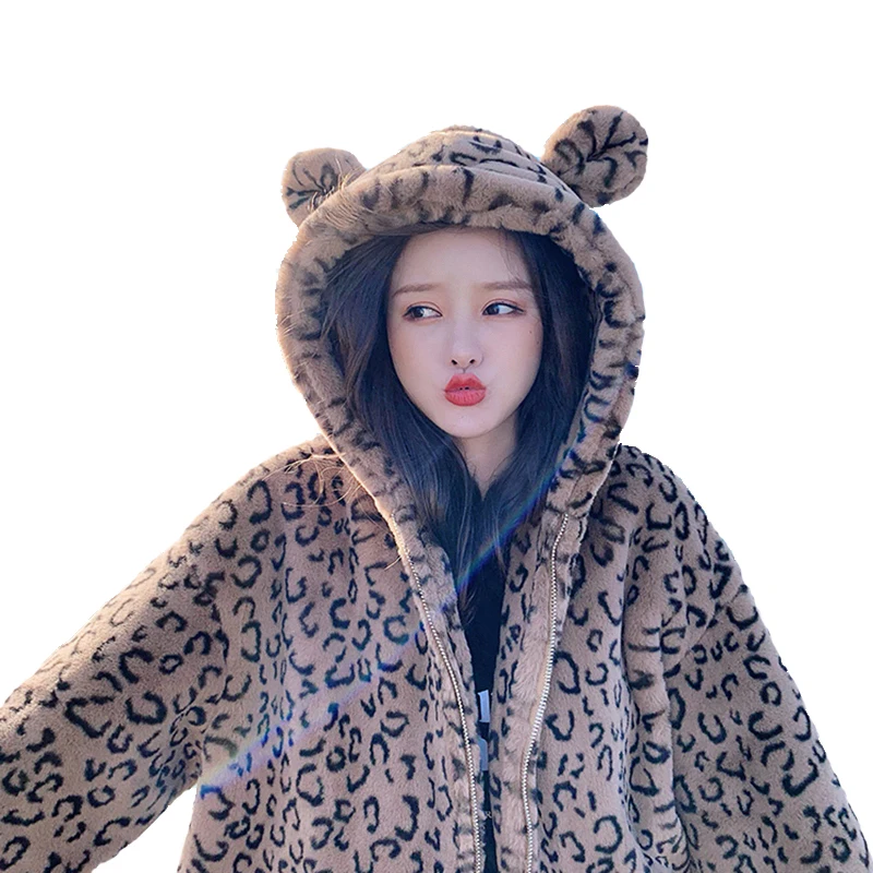Loose and Cute Leopard Print Plush Hooded Coat Imitate Rex Rabbit Fur Fur Furry Coat Women