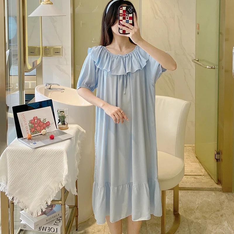 Women's Dresses 2023 Trend Boat Neck Holiday Two Pronged Pajama Skirt Cotton Homewear Back Night Outfit Youth Gown For Ladies