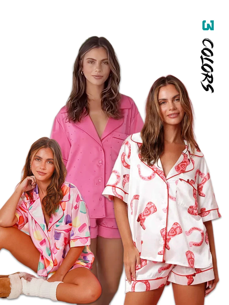 Женские пижамные комплекты Y2K с розовым сердечком из полиэстера