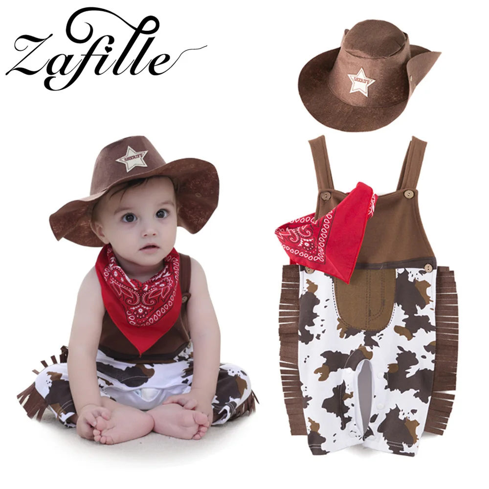 

ZAFILLE Kids West Cowboy Jumpers With Hat Bibs Fashionable Baby Clothes 3Pcs Newborn Jumpsuit For Boys Handsome Children Outfits