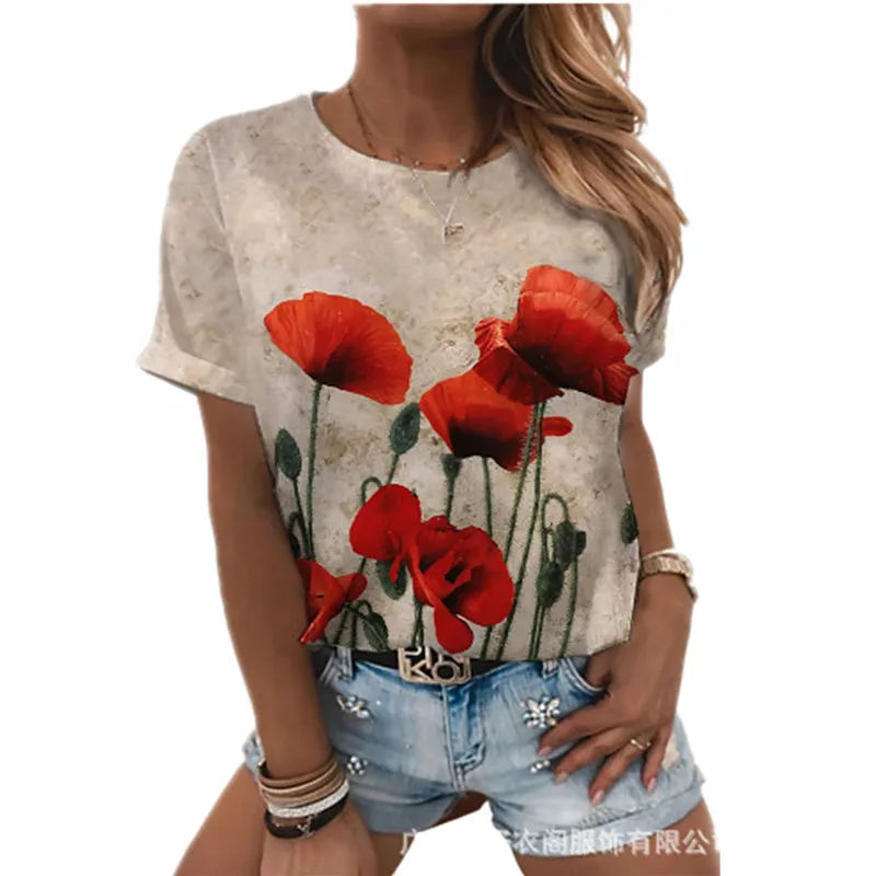 

Women Summer Casual T-shirt Fashion Abstract Painting Print Streetwear Loose Short Sleeve T-shirt Femme plus