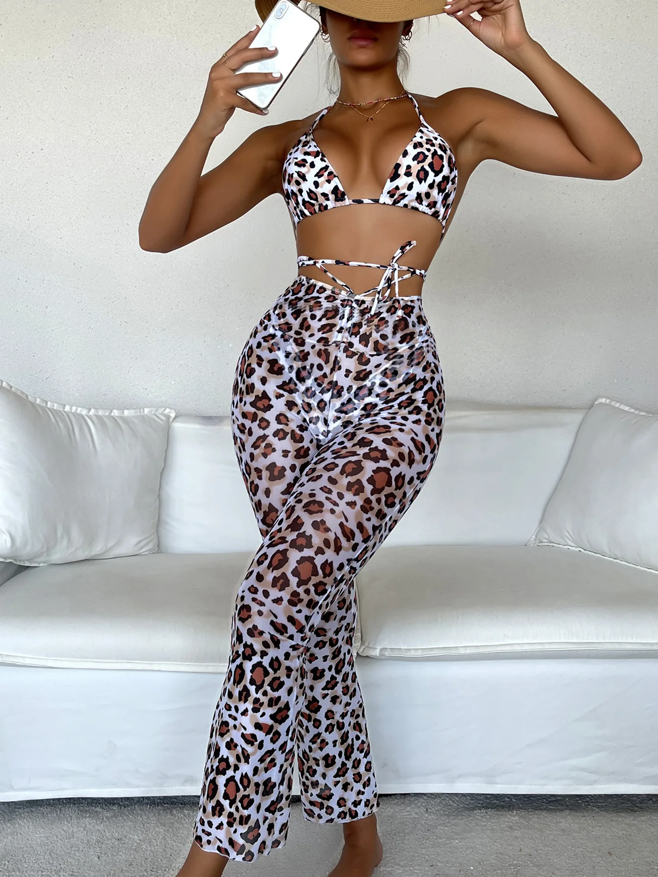 Комплект бикини женский с леопардовым принтом комплект из 3 предметов халтер