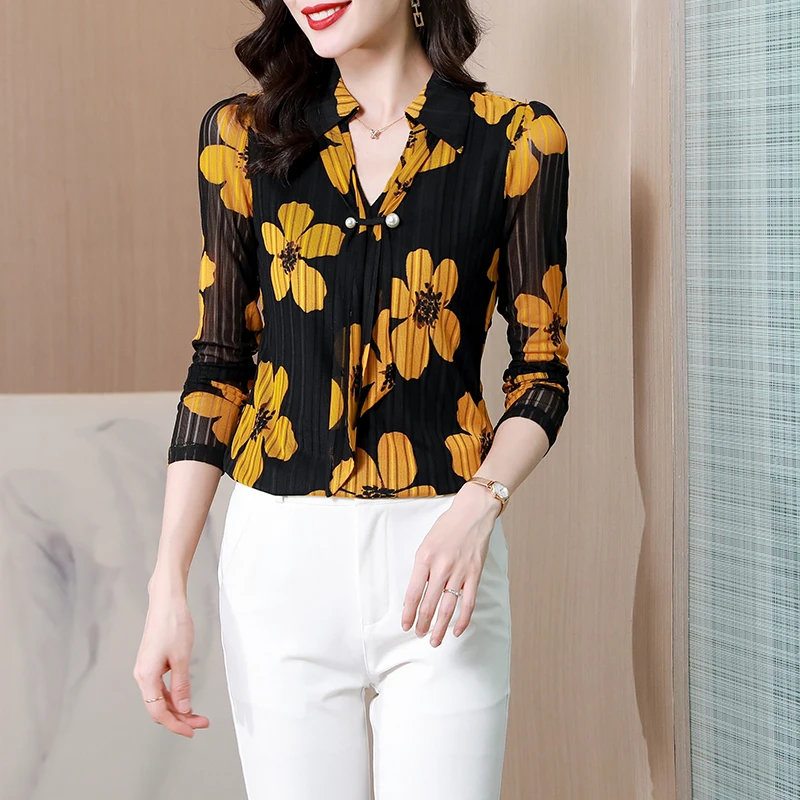 

Chiffon Loose Women's Shirts New Fashion Blouses Floral Polo Spring Casual Long Sleeve Top Summer Korean Style Female Clothing