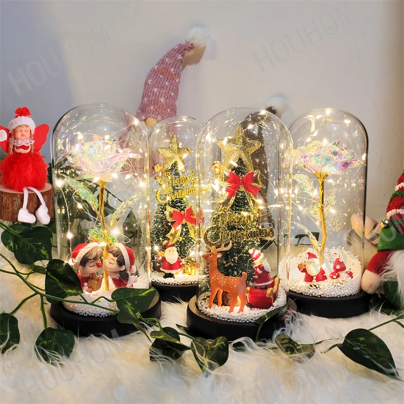 

Artificial Flowers Christmas Tree Santa Claus with LED Light In Dome Christmas Decoration for Home 2023 Xmas Gift Wedding Favors