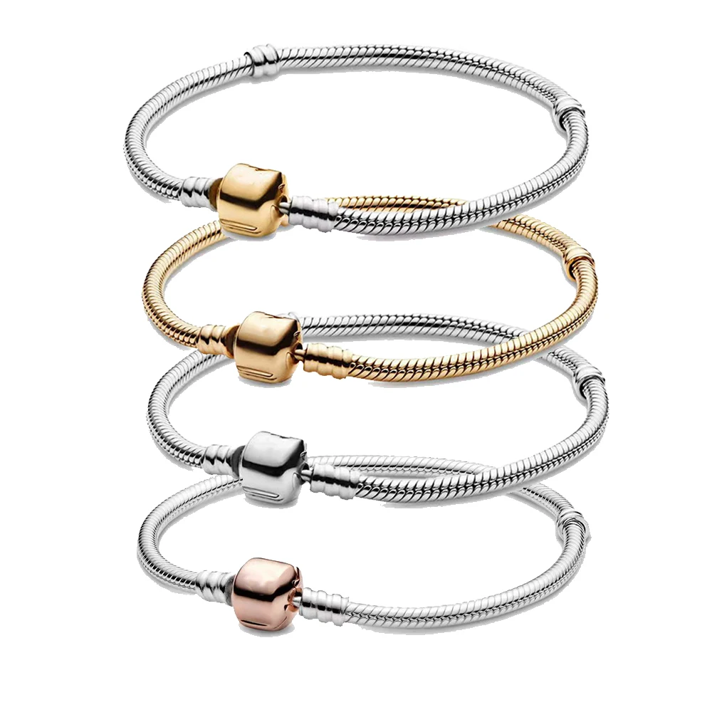 

925 Silver Moment Snake Chain Bracelets Fit Original Brand Charm Beads DIY Jewelry for Women Birthday Party Gift