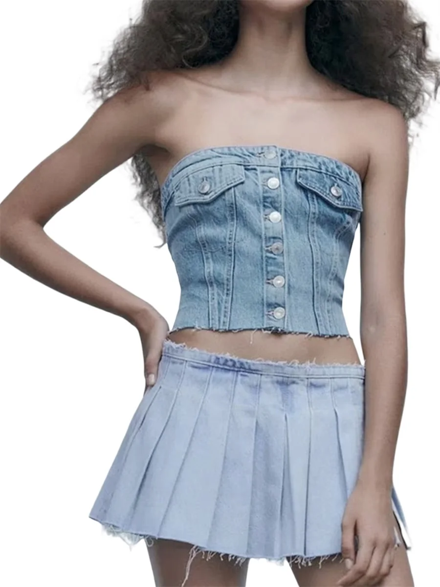 

Winkinlin Women Denim Tube Tops Strapless Backless Tank Tops Slim Fit Button Down Bandeau Crop Tops