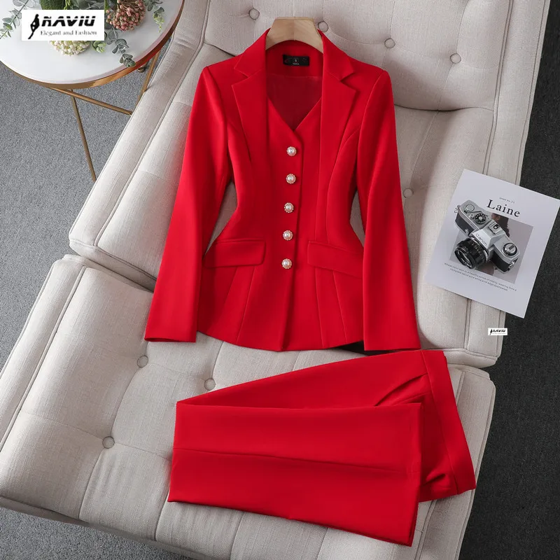 

Red Fashion Suits Women Autumn Winter 2022 New Temperament V Neck Slim Business Blazer And Pants Office Ladies Work Wear Black