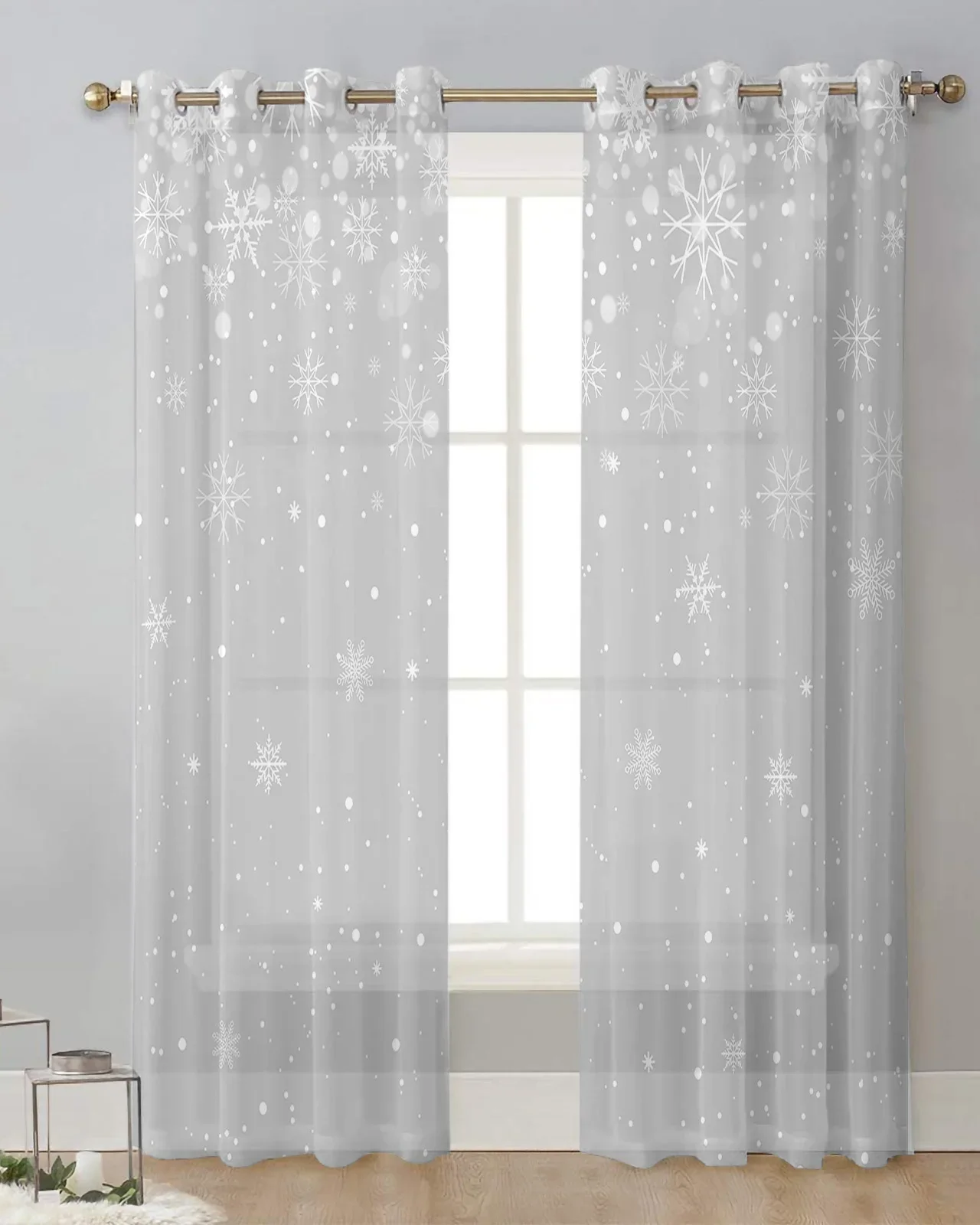 Рождественские серые прозрачные шторы со снежинками для спальни гостиной