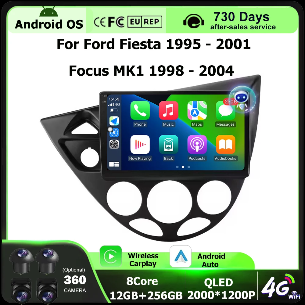 Фото GPS-навигация 9'' с беспроводным CarPlay для Ford Fiesta 1995-2001, Focus MK1 1998-2004, Android 16, автомобильная мультимедийная система №1