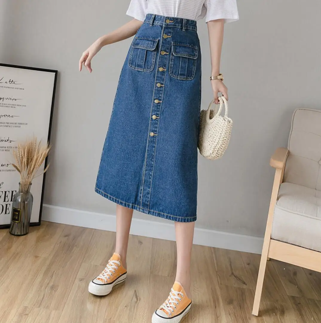 Юбка-миди женская джинсовая с застежкой спереди длинная трапециевидная