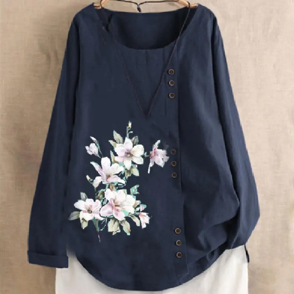 

Round Neck Top Vintage Flower Print Button Decor Women's Long Sleeve T-shirt Soft Pullover Blouse for Fall Spring Women Top