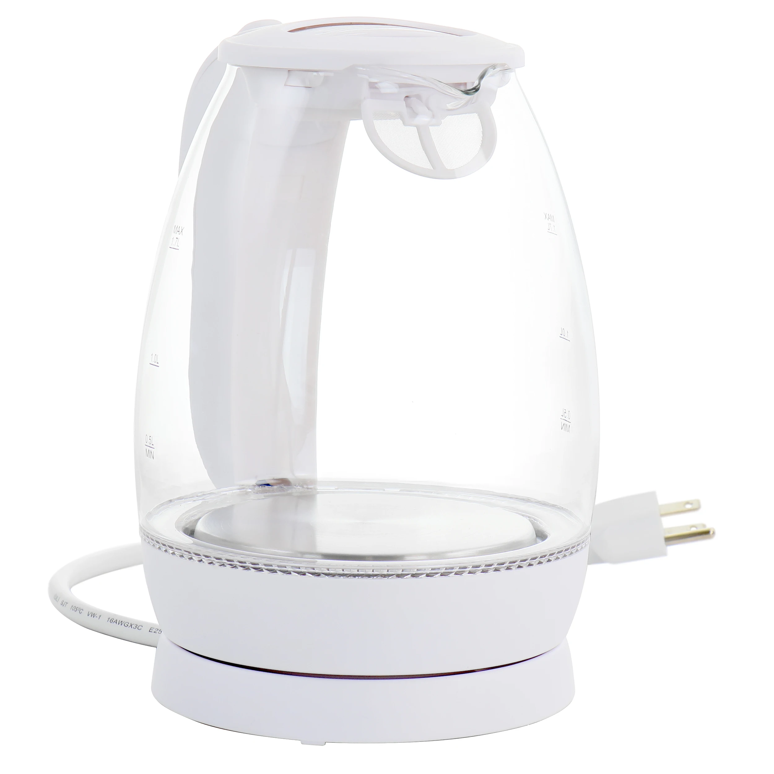 

1.7 Liter Glass 360 Degree Cordless LED Electric Kettle in White portable water boiler Teapot For Home