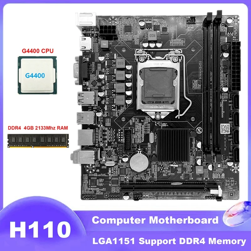 

H110 Computer Motherboard LGA1151 Supports Celeron G3900 G3930 Series CPU With G4400 CPU+DDR4 4GB 2133Mhz RAM