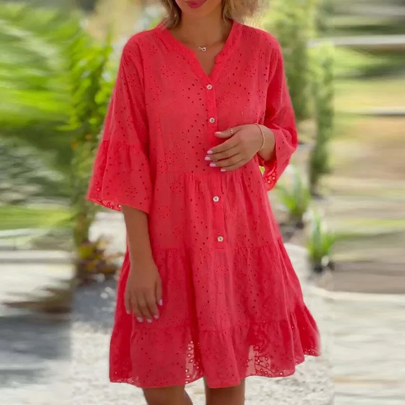 

Women Sexy Embroidery Lace Hollow Party Dress Spring V Neck Button-up A-Line Office Dress Summer Half Sleeve Solid Pleated Dress