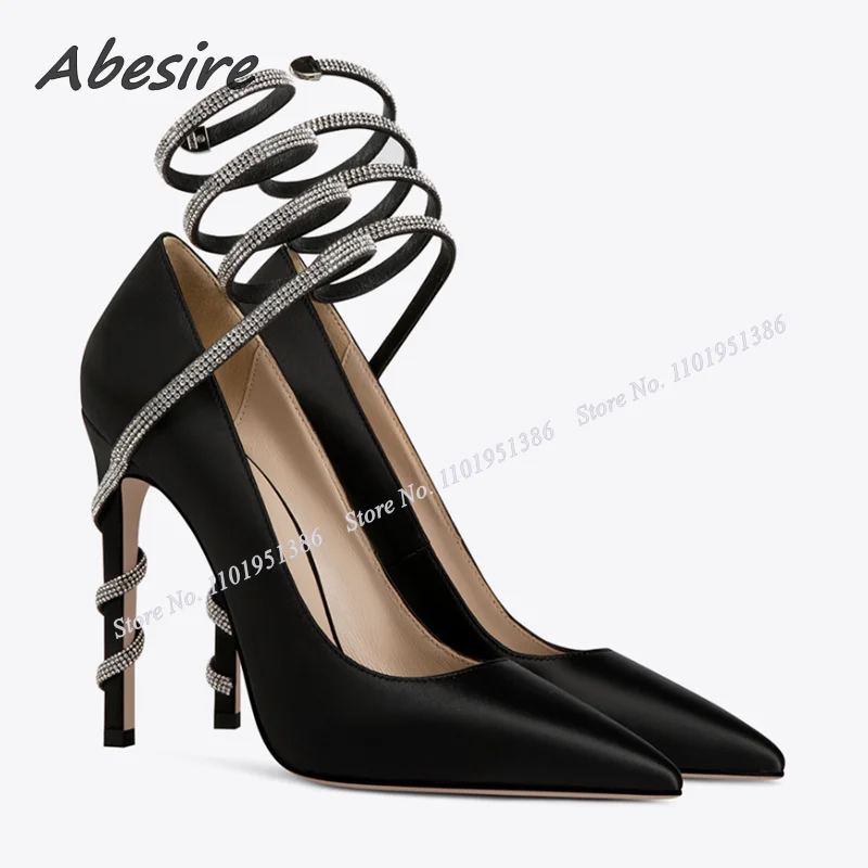 Abesire Black Crystal Twine Pumps Metal Decor Shallow Stilettos Solid High Heels Woman Spring Shoes Fashion Party Sexy Big Size