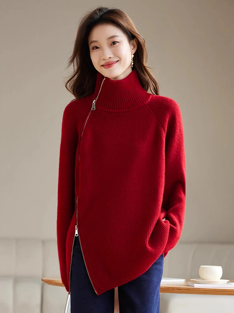 Новые женщины осень зима красный свитер Мода молния водолазка реглан рукав