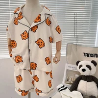 mila chou 2022 summer children cute cartoon tiger short sleeve pajamas 2pce outfit boy gilrs cotton home wear set kids clothes