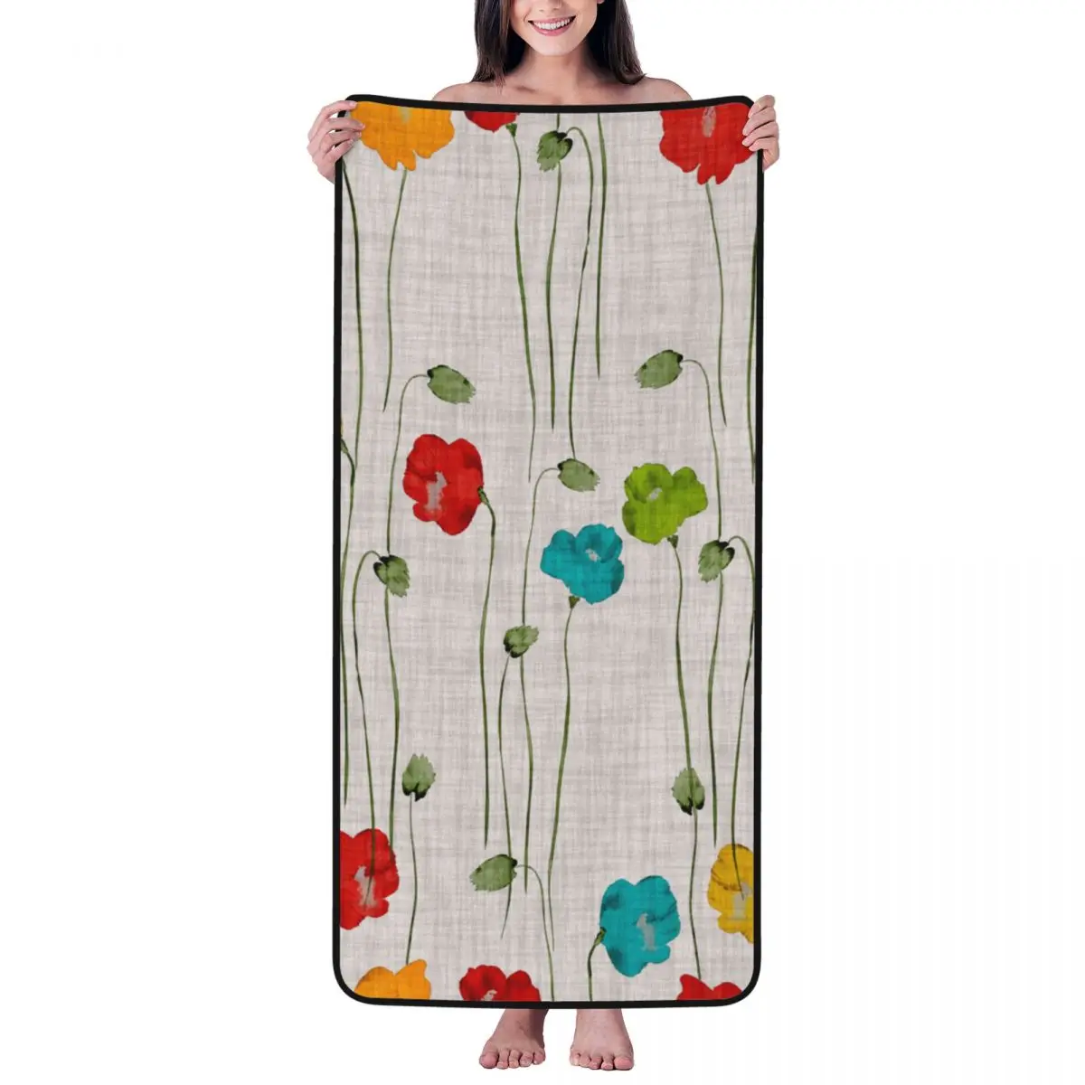 

Green Flowers Of Poppies Beach Towel for Adult Kids Microfiber Bath Towel Blanket for Camping Swim Pool Travel Beach Gym