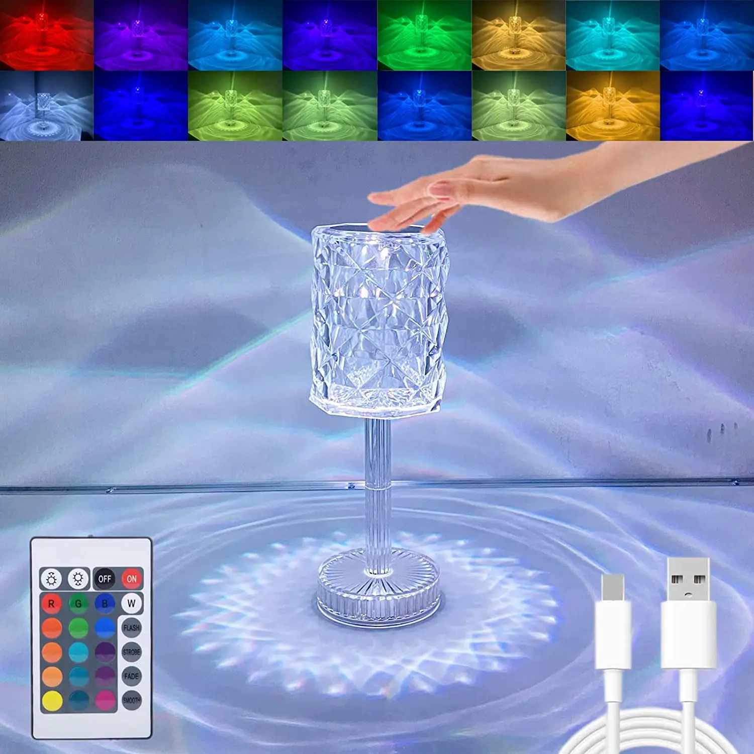 

16 Color Rose Crystal Table Lamp USB Rechargeable Romantic Rose Diamond Night Light Projector for Living Room Home Bedroom Decor