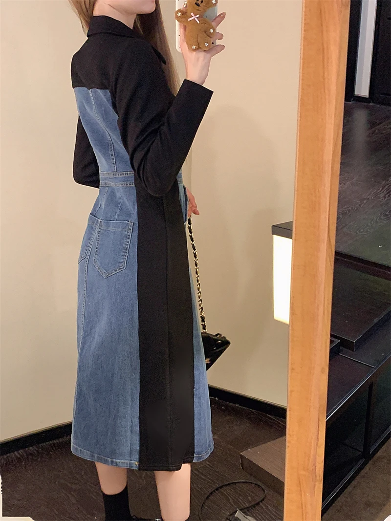 Женское джинсовое платье с длинным рукавом дизайнерское в стиле пэчворк