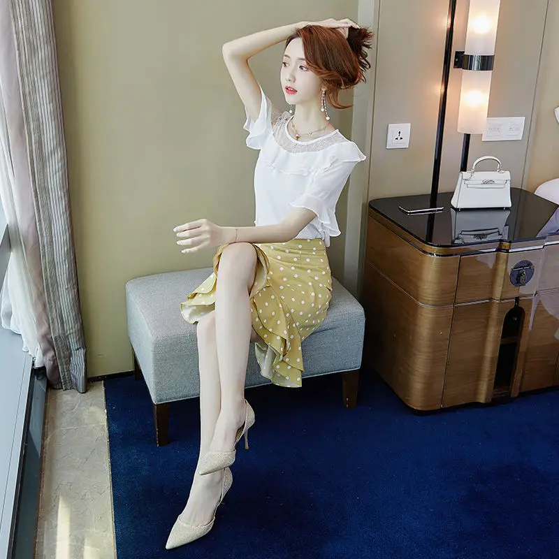 

Women 2022 Summer New Two-piece Sets Female Summer Short Sleeve O-neck Tops + Slim Mermaid Skirts Ladies Chiffon Suits P88