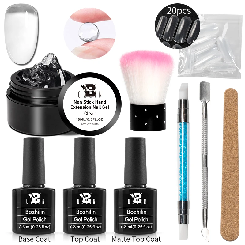

BOZLIN 15ML Non Stick Hand Solid Extension Nail Gel Kit Jelly Nude Color Rhinestone Glue Gel Soak Off UV LED Gel Varnish Set