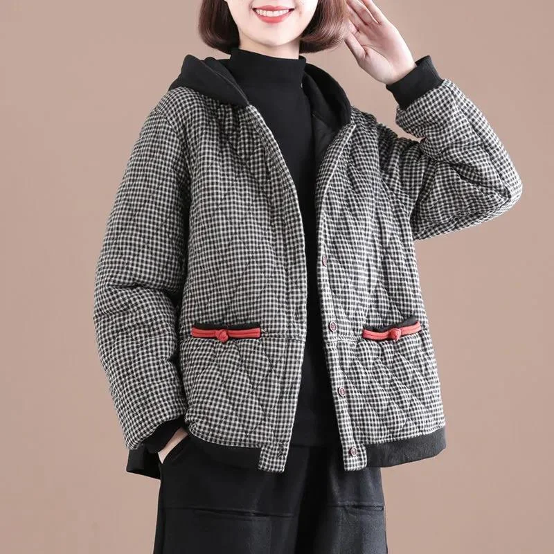 Thick Warm Hooded Coats Women New Arrival Autumn and Winter Vintage Style Plaid Pattern Loose Female Casual Outerwear