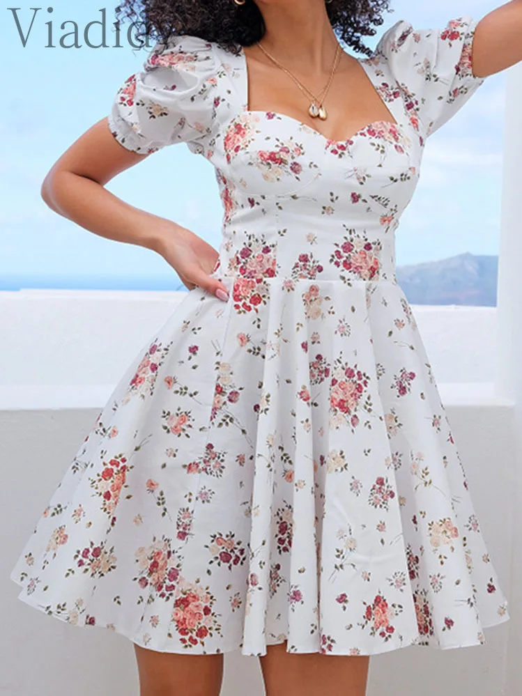 

Floral Print Square Collar Puff Sleeve Backless A-Line Dress