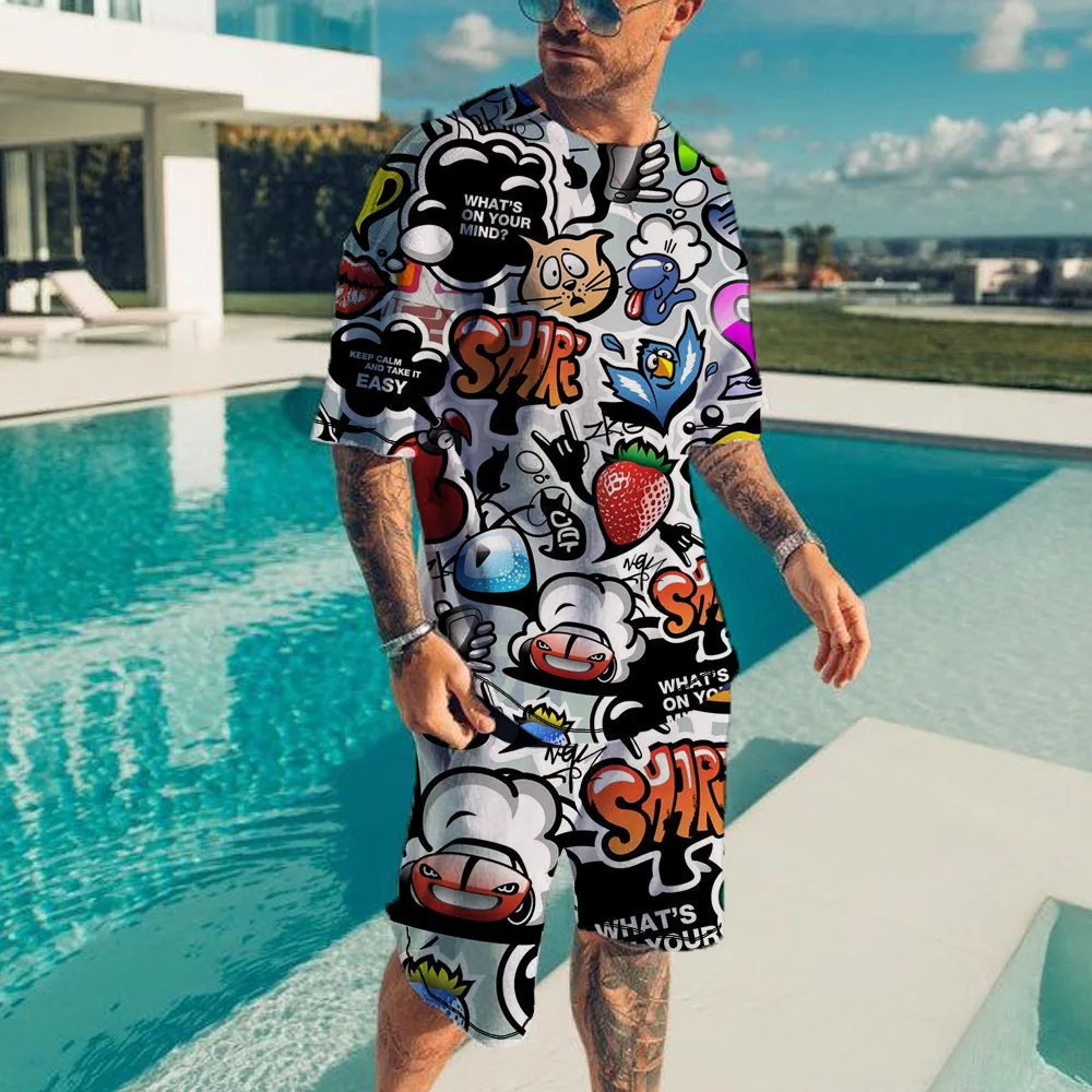 

Streetwear Suit New Summer Vintage 3D Printed Tracksuit 2 Piece Set Men Shorts Sets Short Sleeve Tshirt and Shorts Mens Clothing