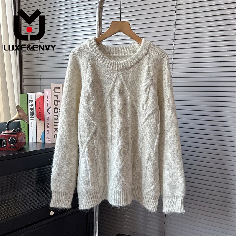 

LUXE&ENVY Fried Dough Twists Sweater Korean Autumn New Soft Waxy Versatile Round Neck Loose Pullover Slouchy Style 2023 Winter