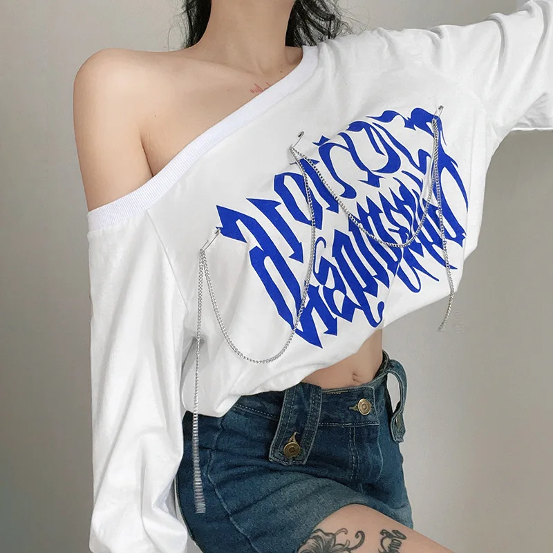 

High Street Chain Letter Printing Loose Long-sleeved Sweater Oblique Collar Leaky Shoulder Hip-hop Elastic Waist Short Top