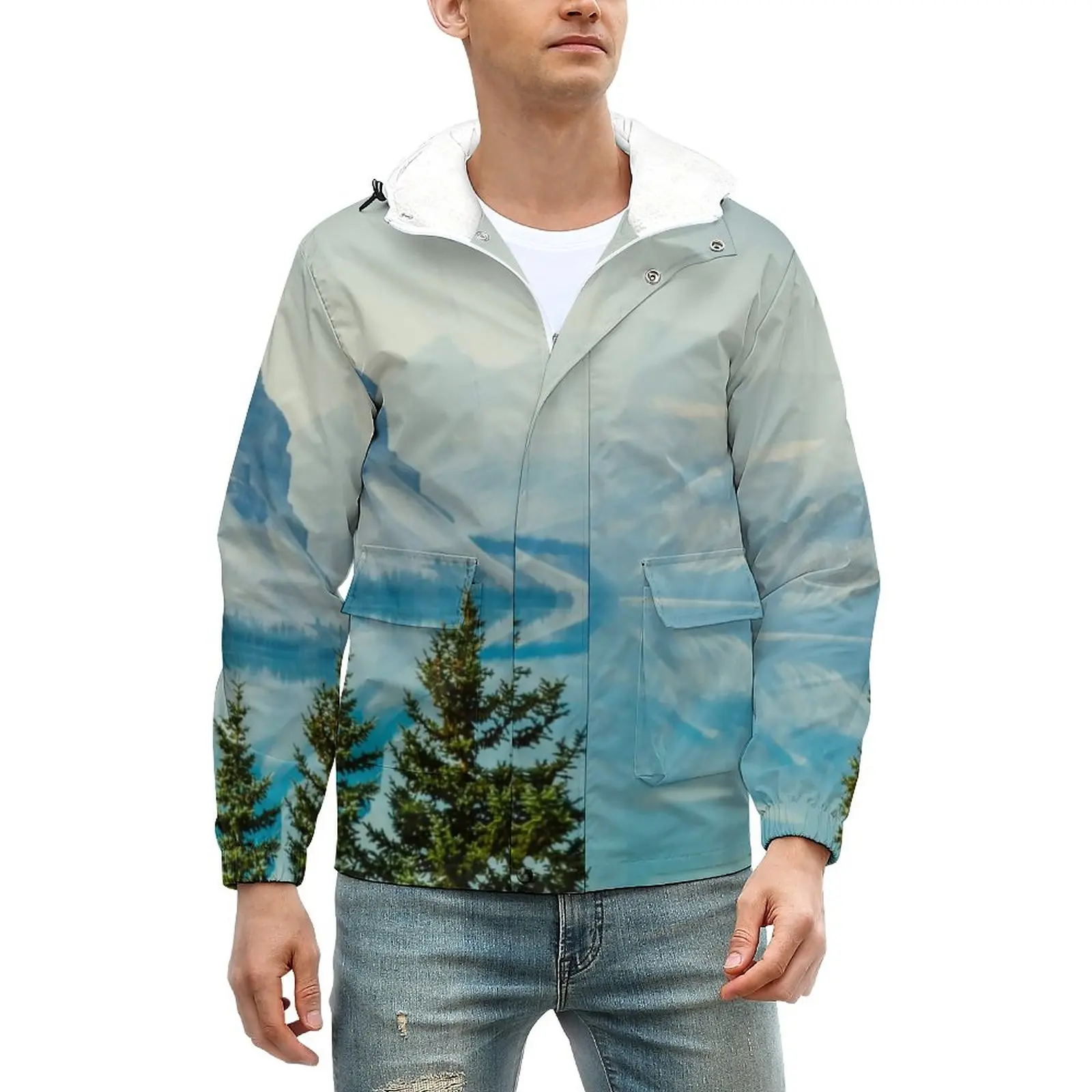 

Зимние куртки с изображением гор, зимние плотные повседневные мужские пальто в стиле ретро с принтом дерева и озер, мужская куртка на молнии...