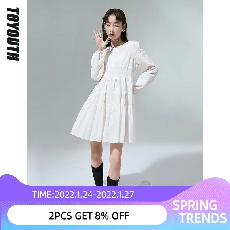 

Toyouth Women Dress 2022 Spring Long Sleeves O Neck Loose Elastic High Waist Solid White Elegant Simple Dresses