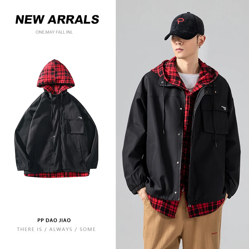 

Клетчатые куртки с капюшоном для мужчин, весенние модные тренды, 2 предмета, одежда в стиле пэчворк, Подростковая ветровка размера плюс, улич...
