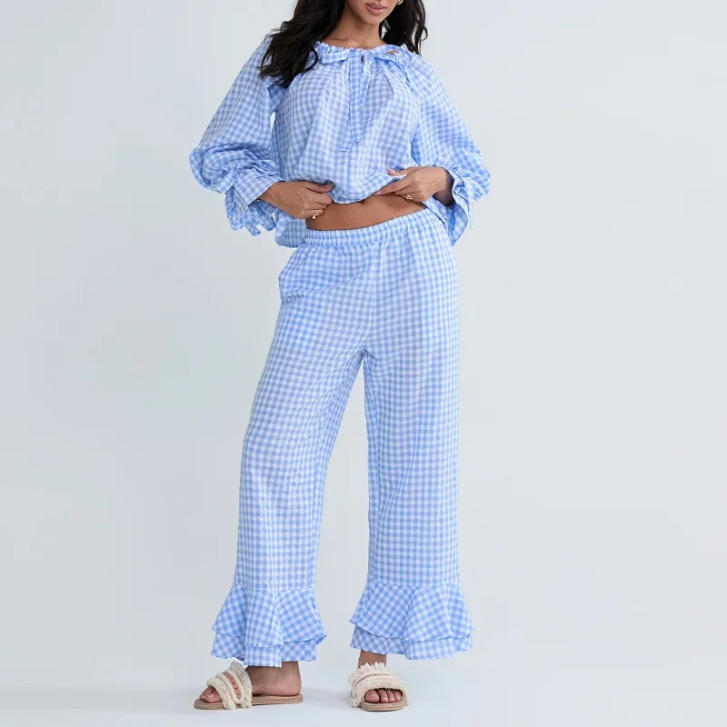 Женский клетчатый пижамный комплект из двух предметов с галстуком и длинным