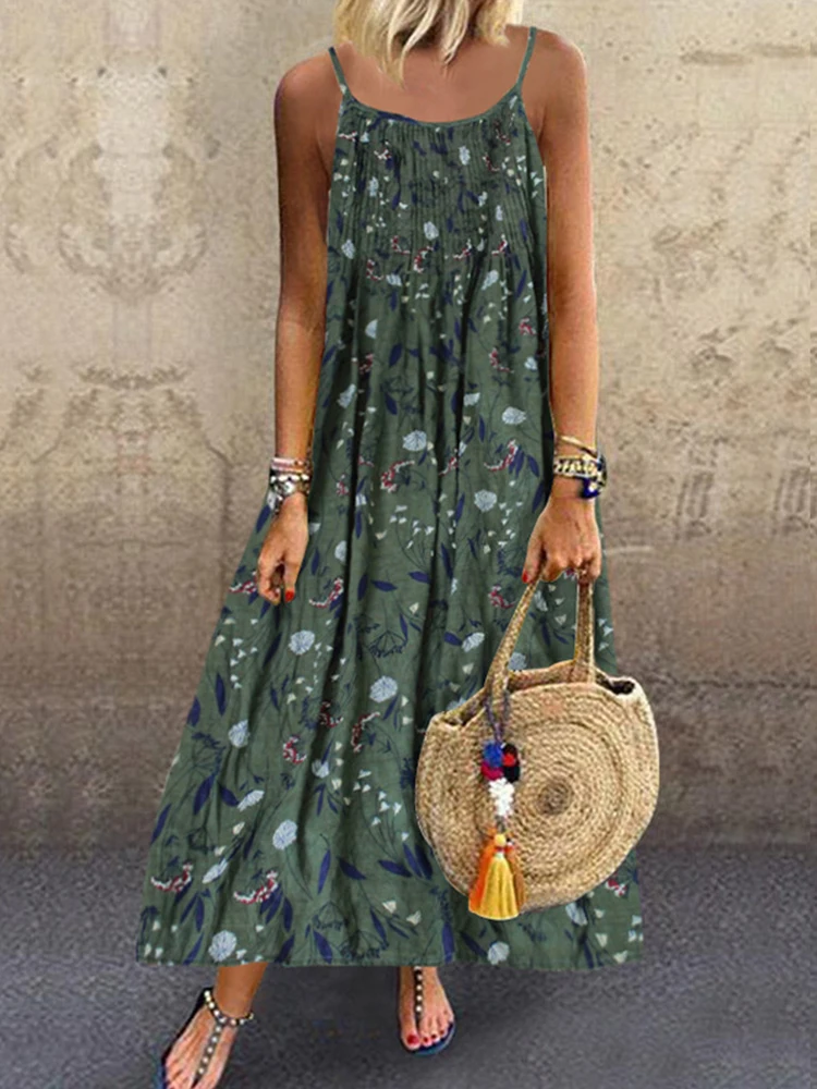 

Floral Print Bohemian Casual Dress 2022 New Summer Sleeveless O-neck Cotton Linen Women Boho Dress Holiday Beach Dress